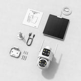 Dual Lens Solar Security Cameras Wireless Outdoor, 2K Full HD Video, 360° View Pan/Tilt Home Security Camera with Color Night Vision, Easy to Install, PIR Alarm, 2.4GHz WiFi